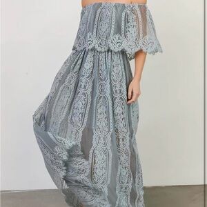 Elegant Lace Off-Shoulder Dress in Blue/Grey